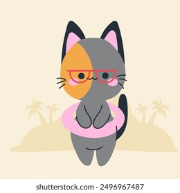 Cute kawaii cat on beach in cartoon, flat, doodle, simple style. Design element for posters, postcards, greeting cards, wallpapers, children's clothes, fabrics, t-shirts, logos
