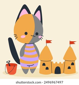 Cute kawaii cat on beach in cartoon, flat, doodle, simple style. Design element for posters, postcards, greeting cards, wallpapers, children's clothes, fabrics, t-shirts, logos