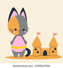 Cute kawaii cat on beach in cartoon, flat, doodle, simple style. Design element for posters, postcards, greeting cards, wallpapers, children's clothes, fabrics, t-shirts, logos