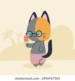 Cute kawaii cat on beach in cartoon, flat, doodle, simple style. Design element for posters, postcards, greeting cards, wallpapers, children's clothes, fabrics, t-shirts, logos