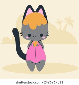 Cute kawaii cat on beach in cartoon, flat, doodle, simple style. Design element for posters, postcards, greeting cards, wallpapers, children's clothes, fabrics, t-shirts, logos