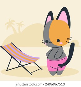 Cute kawaii cat on beach in cartoon, flat, doodle, simple style. Design element for posters, postcards, greeting cards, wallpapers, children's clothes, fabrics, t-shirts, logos