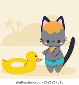 Cute kawaii cat on beach in cartoon, flat, doodle, simple style. Design element for posters, postcards, greeting cards, wallpapers, children's clothes, fabrics, t-shirts, logos