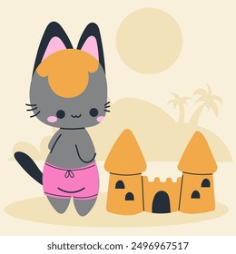 Cute kawaii cat on beach in cartoon, flat, doodle, simple style. Design element for posters, postcards, greeting cards, wallpapers, children's clothes, fabrics, t-shirts, logos