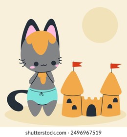 Cute kawaii cat on beach in cartoon, flat, doodle, simple style. Design element for posters, postcards, greeting cards, wallpapers, children's clothes, fabrics, t-shirts, logos