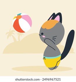 Cute kawaii cat on beach in cartoon, flat, doodle, simple style. Design element for posters, postcards, greeting cards, wallpapers, children's clothes, fabrics, t-shirts, logos