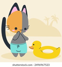 Cute kawaii cat on beach in cartoon, flat, doodle, simple style. Design element for posters, postcards, greeting cards, wallpapers, children's clothes, fabrics, t-shirts, logos