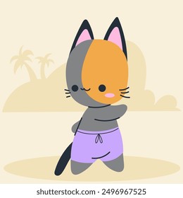 Cute kawaii cat on beach in cartoon, flat, doodle, simple style. Design element for posters, postcards, greeting cards, wallpapers, children's clothes, fabrics, t-shirts, logos