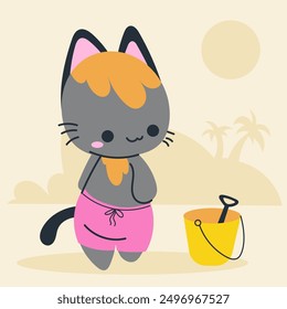 Nette Kawaii-Katze am Strand in Cartoon, flach, doodle, einfachen Stil. Gestaltungselement für Poster, Postkarten, Grußkarten, Tapeten, Kinderbekleidung, Stoffe, T-Shirts, Logos