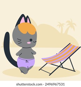 Cute kawaii cat on beach in cartoon, flat, doodle, simple style. Design element for posters, postcards, greeting cards, wallpapers, children's clothes, fabrics, t-shirts, logos
