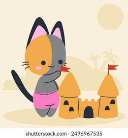 Cute kawaii cat on beach in cartoon, flat, doodle, simple style. Design element for posters, postcards, greeting cards, wallpapers, children's clothes, fabrics, t-shirts, logos