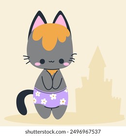 Cute kawaii cat on beach in cartoon, flat, doodle, simple style. Design element for posters, postcards, greeting cards, wallpapers, children's clothes, fabrics, t-shirts, logos