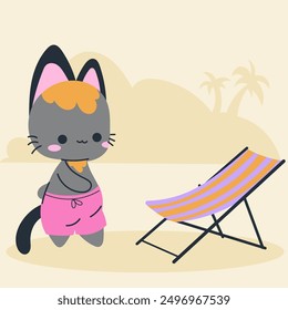 Cute kawaii cat on beach in cartoon, flat, doodle, simple style. Design element for posters, postcards, greeting cards, wallpapers, children's clothes, fabrics, t-shirts, logos