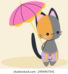 Cute kawaii cat on beach in cartoon, flat, doodle, simple style. Design element for posters, postcards, greeting cards, wallpapers, children's clothes, fabrics, t-shirts, logos