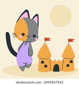 Cute kawaii cat on beach in cartoon, flat, doodle, simple style. Design element for posters, postcards, greeting cards, wallpapers, children's clothes, fabrics, t-shirts, logos