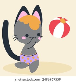 Cute kawaii cat on beach in cartoon, flat, doodle, simple style. Design element for posters, postcards, greeting cards, wallpapers, children's clothes, fabrics, t-shirts, logos