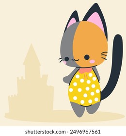 Cute kawaii cat on beach in cartoon, flat, doodle, simple style. Design element for posters, postcards, greeting cards, wallpapers, children's clothes, fabrics, t-shirts, logos