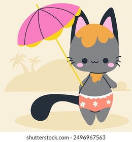 Cute kawaii cat on beach in cartoon, flat, doodle, simple style. Design element for posters, postcards, greeting cards, wallpapers, children's clothes, fabrics, t-shirts, logos
