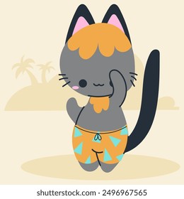 Cute kawaii cat on beach in cartoon, flat, doodle, simple style. Design element for posters, postcards, greeting cards, wallpapers, children's clothes, fabrics, t-shirts, logos