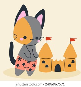 Lindo gato kawaii en la playa en dibujos animados, plano, doodle, estilo simple. Elemento de diseño para carteles, postales, tarjetas de felicitación, Fondos de pantalla, ropa de los niños, telas, camisetas, logotipos