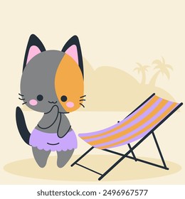Cute kawaii cat on beach in cartoon, flat, doodle, simple style. Design element for posters, postcards, greeting cards, wallpapers, children's clothes, fabrics, t-shirts, logos