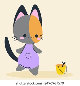 Cute kawaii cat on beach in cartoon, flat, doodle, simple style. Design element for posters, postcards, greeting cards, wallpapers, children's clothes, fabrics, t-shirts, logos