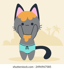 Cute kawaii cat on beach in cartoon, flat, doodle, simple style. Design element for posters, postcards, greeting cards, wallpapers, children's clothes, fabrics, t-shirts, logos