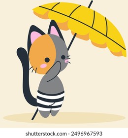 Cute kawaii cat on beach in cartoon, flat, doodle, simple style. Design element for posters, postcards, greeting cards, wallpapers, children's clothes, fabrics, t-shirts, logos