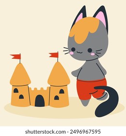 Cute kawaii cat on beach in cartoon, flat, doodle, simple style. Design element for posters, postcards, greeting cards, wallpapers, children's clothes, fabrics, t-shirts, logos