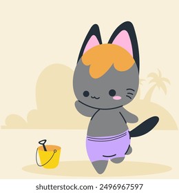 Cute kawaii cat on beach in cartoon, flat, doodle, simple style. Design element for posters, postcards, greeting cards, wallpapers, children's clothes, fabrics, t-shirts, logos