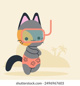 Cute kawaii cat on beach in cartoon, flat, doodle, simple style. Design element for posters, postcards, greeting cards, wallpapers, children's clothes, fabrics, t-shirts, logos
