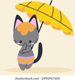 Cute kawaii cat on beach in cartoon, flat, doodle, simple style. Design element for posters, postcards, greeting cards, wallpapers, children's clothes, fabrics, t-shirts, logos