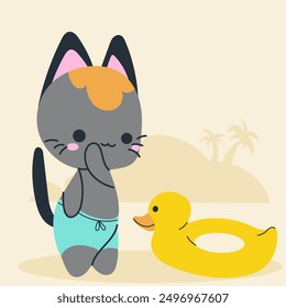 Cute kawaii cat on beach in cartoon, flat, doodle, simple style. Design element for posters, postcards, greeting cards, wallpapers, children's clothes, fabrics, t-shirts, logos
