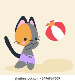 Cute kawaii cat on beach in cartoon, flat, doodle, simple style. Design element for posters, postcards, greeting cards, wallpapers, children's clothes, fabrics, t-shirts, logos