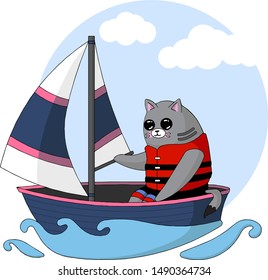 Cute kawaii cat on a boat on a cloudy sky background