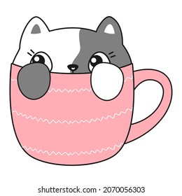 Cute kawaii cat in pink mug. Vector illustration.