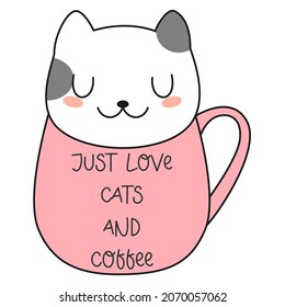 Cute kawaii cat in pink mug. Vector illustration.