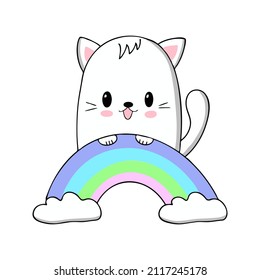 Cute kawaii cat with rainbow. Vector illustration.