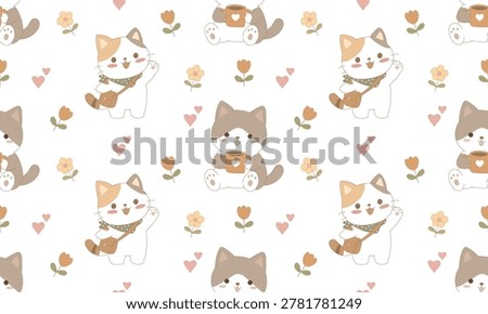 Cute Kawaii Cat Seamless Pattern with Flowers and Hearts
