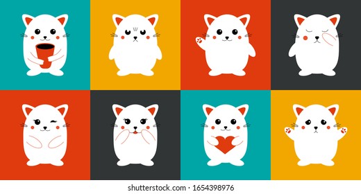 Cute kawaii cat set. Funny kittens with happy, sad, angry, shy emotions, puffy kitty expression, baby animal design for print, fabric, poster. Vector illustration