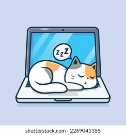 cute kawaii cat sleep on laptop tech design vector illustration