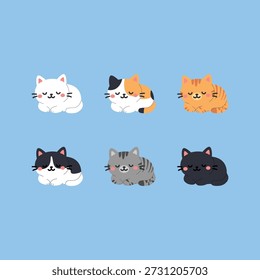 Cute kawaii cat sleeping flat design style collection, vector illustration