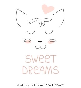Cute kawaii cat, sleeping kitten doodle illustartion. Lettering phrase - sweet dreams. Desig funny poster for kids with hand drawn text. 