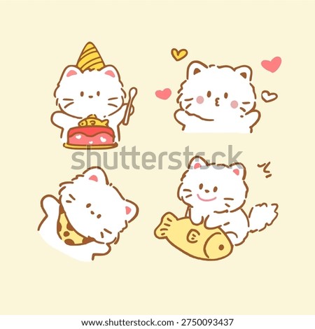 Cute Kawaii Cat Sticker Set with Different Emotions and Food