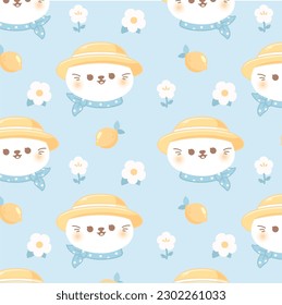 Cute kawaii cat summer holiday seamless pattern