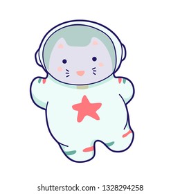 Cute kawaii cat travels in space. Vector funny animals clip art.