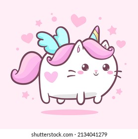 Cute Kawaii Cat unicorn Kitten Caticorn    isolated vector  Baby Cat Unicorn cream pastel colors for kids design prints  posters  t  shirts  stickers  postcard  Funny Cartoon Cat and wings   horn