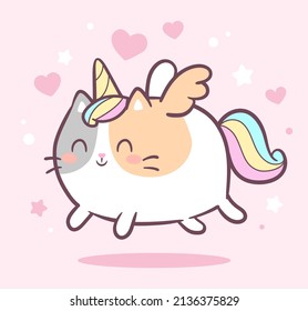 Cute Kawaii Cat unicorn Kitten Caticorn    isolated vector  Baby Cat Unicorn cream pastel colors for kids design prints  posters  t  shirts  stickers  postcard  Funny Cartoon Cat and wings   horn