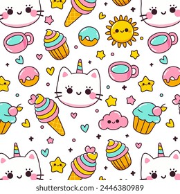 Cute kawaii cat unicorn rainbow colorful doodle kids seamless pattern