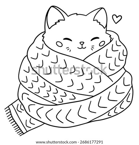 Cute kawaii cat wrapped in thick cozy scarf, black and white doodle illustration for coloring pages.